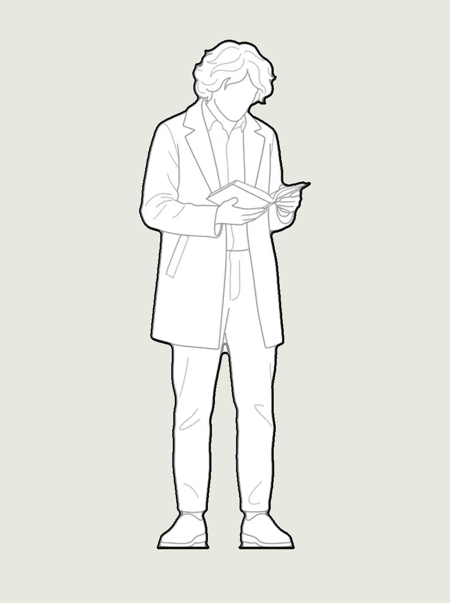 Before and after: a man leaning on a wall and reading, redrawn standing straight as a front-view CAD line block