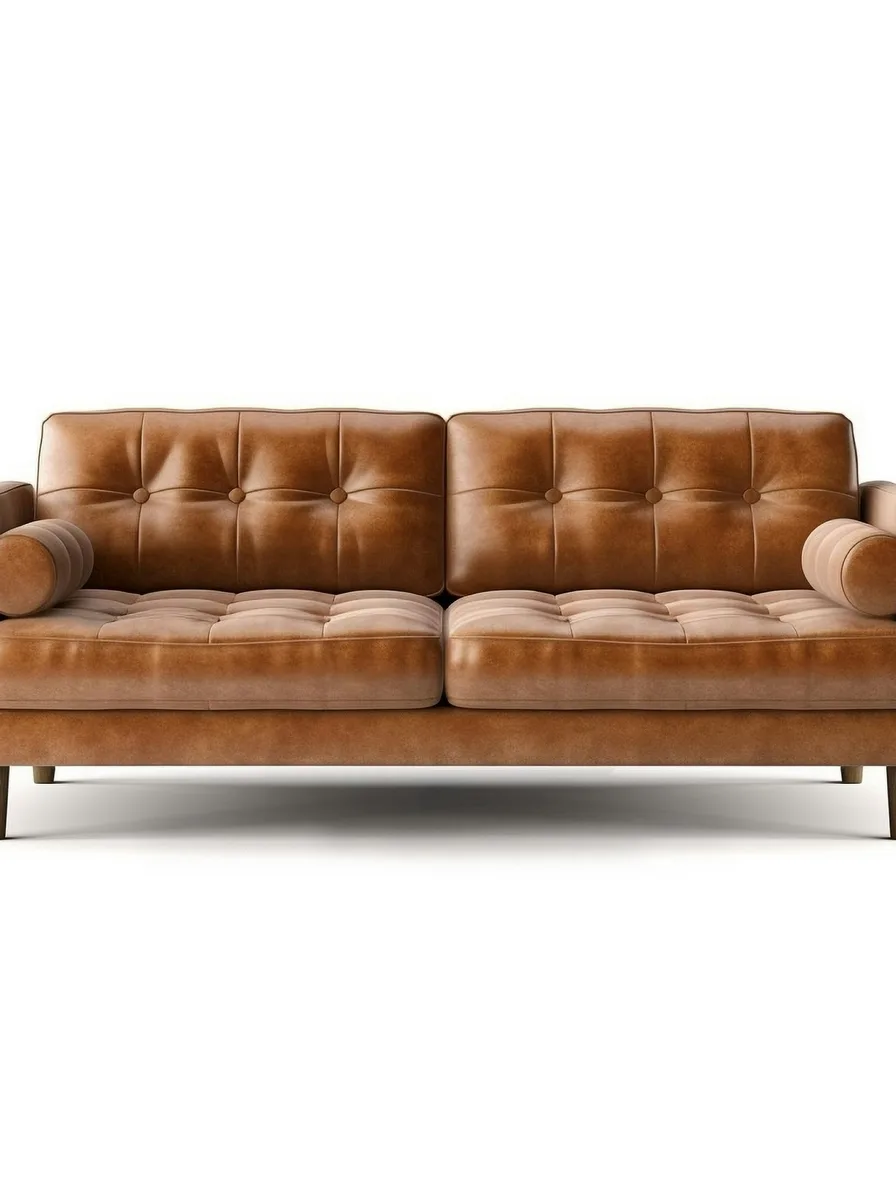 Before and after: a catalogue picture of a tan leather sofa turned into a DXF line drawing, front view