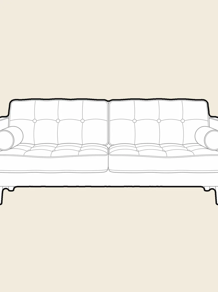 Before and after: a catalogue picture of a tan leather sofa turned into a DXF line drawing, front view